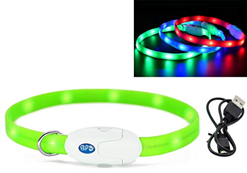 BPS Collar Luminoso Recargable USB para Mascotas Perros Gatos Impermeable Collar de Seguridad Luz Brillante 3 Colores 2 Tamaños para Elegir (1.6 x 40 cm, Verde) BPS-5556VE