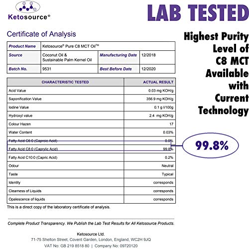 C8 MCT Aceite Puro | Produce 3 X Más Cetonas Que Otros MCT Aceites | Triglicéridos de Acido Caprílico | Paleo y Vegano Amistoso | Botella Sin BPA | Ketosource®