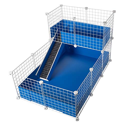 CagesCubes - Jaula CyC Deluxe (Base 2X3 + Loft 2x1 - Panel Blanco) + Base de Coroplast en Azul para cobayas