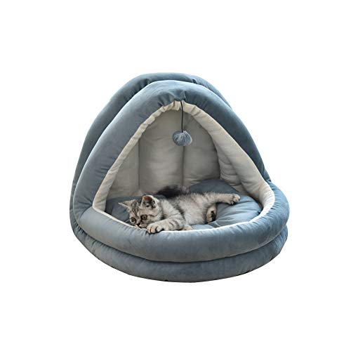 Cama nido para mascotas suave para perros, acogedora cueva para perros y gatos, casa para perros a prueba de viento, bolsa de dormir para gatos que se esconde térmicamente con cojín extraíble (azul