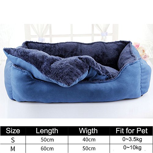 Cama para mascotas de lujo para gatos y pequeño perro mediano Cuddler con suave cojín desmontable (M-60x50x17cm, Azul)