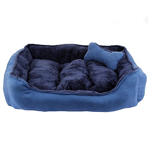 Cama para mascotas de lujo para gatos y pequeño perro mediano Cuddler con suave cojín desmontable (M-60x50x17cm, Azul)