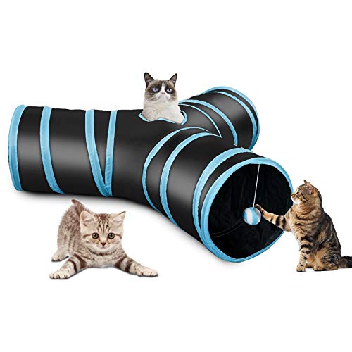 CO-Z Túnel Plegable para Gatos de 3 Vías con Bola Juguete para Gatos Conejos Cachorros Uso en Interiores o al Aire Libre (Azul)