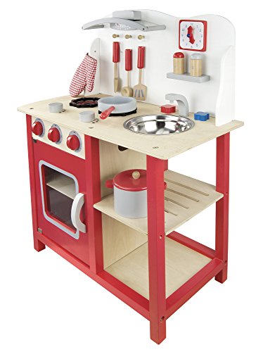 Cocina Madera Infantil Cocina De Juguete Accesorios Para Niñas Juego de Imitación Reloj Grifo y Fregadero Cubiertos de Madera Utensilios de Cocina Classic Roja