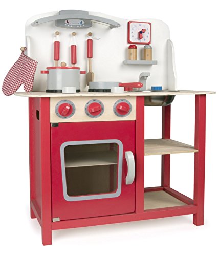 Cocina Madera Infantil Cocina De Juguete Accesorios Para Niñas Juego de Imitación Reloj Grifo y Fregadero Cubiertos de Madera Utensilios de Cocina Classic Roja