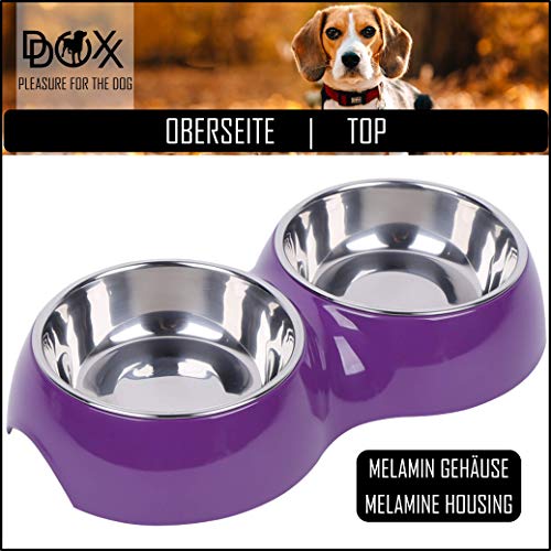 DDOXX Comedero Doble Perro, Antideslizante Tamaños | para Perros Pequeño, Mediano y Grande | Bol Accesorios Acero INOX-Idable Melamina Gato Cachorro | Violeta, 2 x 350 ml