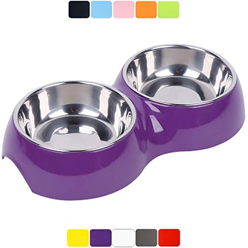 DDOXX Comedero Doble Perro, Antideslizante Tamaños | para Perros Pequeño, Mediano y Grande | Bol Accesorios Acero INOX-Idable Melamina Gato Cachorro | Violeta, 2 x 350 ml