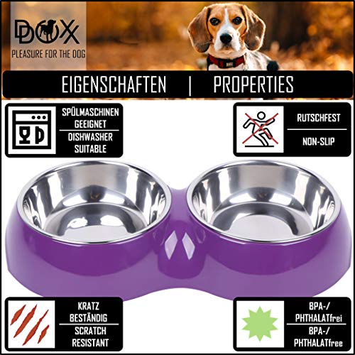 DDOXX Comedero Doble Perro, Antideslizante Tamaños | para Perros Pequeño, Mediano y Grande | Bol Accesorios Acero INOX-Idable Melamina Gato Cachorro | Violeta, 2 x 160 ml