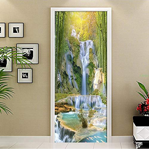 DEENLI Etiqueta De La Puerta 35.4"X78.7", 3D Pegatinas Puertas Decoración, Autoadhesivo A Prueba Agua Desmontable, Parque Acuático Forest Waterfall