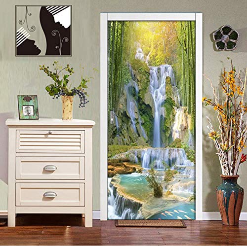 DEENLI Etiqueta De La Puerta 35.4"X78.7", 3D Pegatinas Puertas Decoración, Autoadhesivo A Prueba Agua Desmontable, Parque Acuático Forest Waterfall