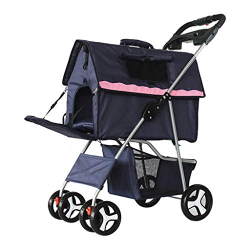 DFLY Cochecitos Ligero para Perros pequeños y medianos y Perros de 20 kg, Buggy para Mascotas Plegable de 4 Ruedas con Canasta de Almacenamiento, toldo Ajustable, extraíble y Lavable,Blue2