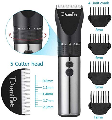 Domipet Cortapelos para Perros, Cortapelos para Perros y Gatos, Bajo Ruido Recargable Máquina de Cortar Pelo Inalambrica con 4 Peine Ajustable Kit de Grooming, 3 Velocidades Clipper