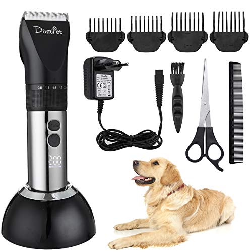 Domipet Cortapelos para Perros, Cortapelos para Perros y Gatos, Bajo Ruido Recargable Máquina de Cortar Pelo Inalambrica con 4 Peine Ajustable Kit de Grooming, 3 Velocidades Clipper