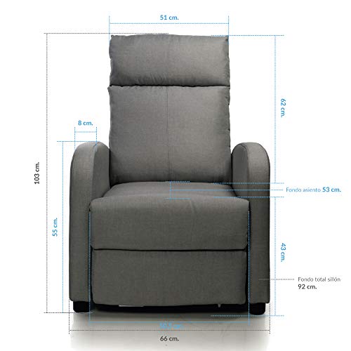 Don Descanso - Sillón Reclinable Tela Verona Gris, Sillón Relax con Reposapiés, Sistema de Apertura Push, Compacto, 2 Posiciones de Tumbada y Posición Cero, Butaca Salón Reclinable hasta 160º