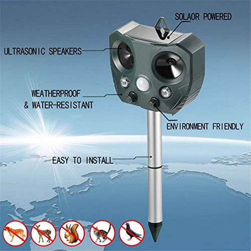 FOOSKOODW Ultrasónico Repelente Animal Repeller Sonido de ultrasonido Solar Impulsión de Perros Flash de luz Impulsión de Animales Sonido y luz para Perros, Gatos, Zorros, Ratones, mofetas, Ardillas