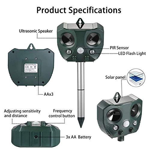 FOOSKOODW Ultrasónico Repelente Animal Repeller Sonido de ultrasonido Solar Impulsión de Perros Flash de luz Impulsión de Animales Sonido y luz para Perros, Gatos, Zorros, Ratones, mofetas, Ardillas