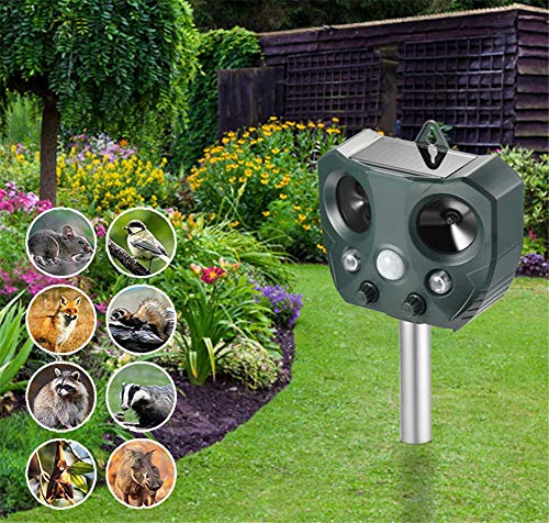 FOOSKOODW Ultrasónico Repelente Animal Repeller Sonido de ultrasonido Solar Impulsión de Perros Flash de luz Impulsión de Animales Sonido y luz para Perros, Gatos, Zorros, Ratones, mofetas, Ardillas