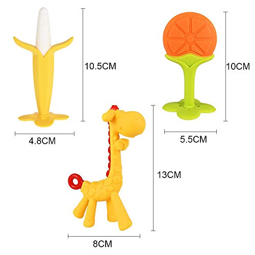 GOLDGE Mordedor para bebé, Mordedor de Fruta para la dentición para bebés,sin BPA Natural Organic Freezer Safe Silicone Teethers-Naranja * 1 + Maíz verde oscuro * 1 + Jirafa amarilla * 1