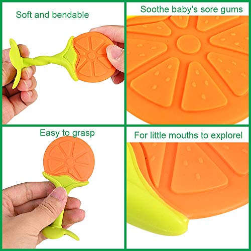 GOLDGE Mordedor para bebé, Mordedor de Fruta para la dentición para bebés,sin BPA Natural Organic Freezer Safe Silicone Teethers-Naranja * 1 + Maíz verde oscuro * 1 + Jirafa amarilla * 1