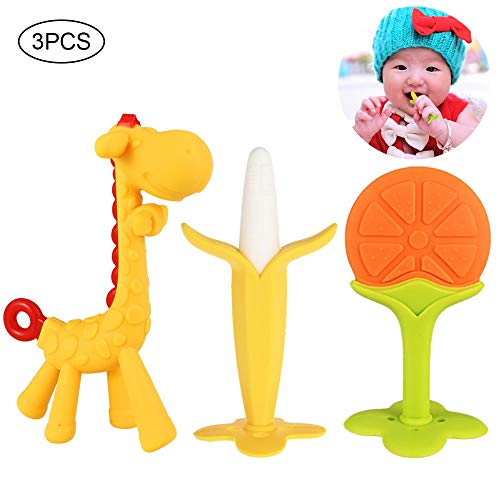 GOLDGE Mordedor para bebé, Mordedor de Fruta para la dentición para bebés,sin BPA Natural Organic Freezer Safe Silicone Teethers-Naranja * 1 + Maíz verde oscuro * 1 + Jirafa amarilla * 1