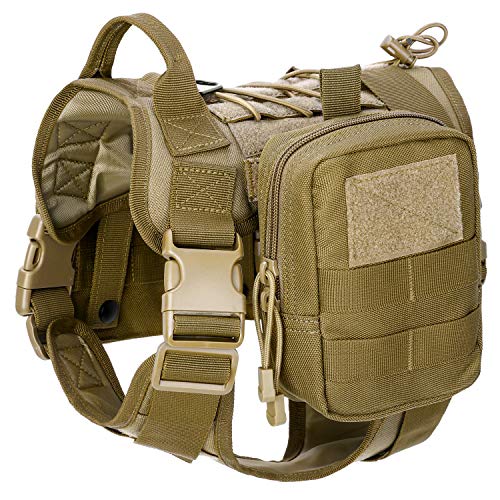 Gonex Arnés Perros Chaleco Táctico para Perro Entrenamiento Militar Molle Accesorios Protección para Mascota al Aire Libre, 1000D Nylon Transpirable Cómodo con Asa y 2 Bolsos Desmontables (Caqui, XL)