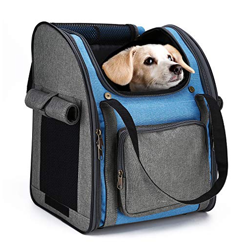 HAPPY HACHI Mochila Plegable para Perros Pequeños Portabebés Suave con Múltiples Tiendas de Transporte para Gatos Pequeños para Viajes en Avión (34x26x40cm, Gris Azul)