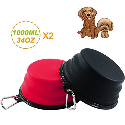 Himi 34 Ounce Silicone Collapsible Travel Dog Bowl - Set of 2 Large Size 1000ML - Portable Pet Bowl Food&Water - Premium Quality Travel Pet Bowl Solution（Red-Black）