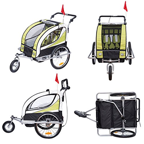 HOMCOM Remolque para Bicicleta tipo Carro con Barra de Paseo para Niños de 2 Plazas con Rueda Delantera Giratoria 360° y Asiento Acolchado Carga Máx. 40kg (Verde)