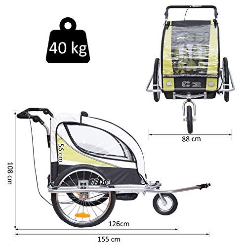 HOMCOM Remolque para Bicicleta tipo Carro con Barra de Paseo para Niños de 2 Plazas con Rueda Delantera Giratoria 360° y Asiento Acolchado Carga Máx. 40kg (Verde)