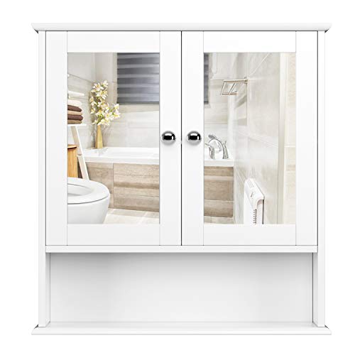 Homfa Armario de Baño con Espejo Armario de Pared Armario de Cocina o Medicina Blanco 2 Puertas y 3 Estanterías MDF 56x13x58cm