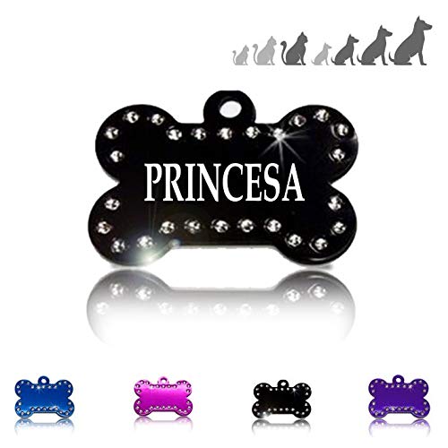 Hueso Deluxe Placa Chapa Medalla de identificación Personalizada para Collar Perro Gato Mascota grabada (Negro)