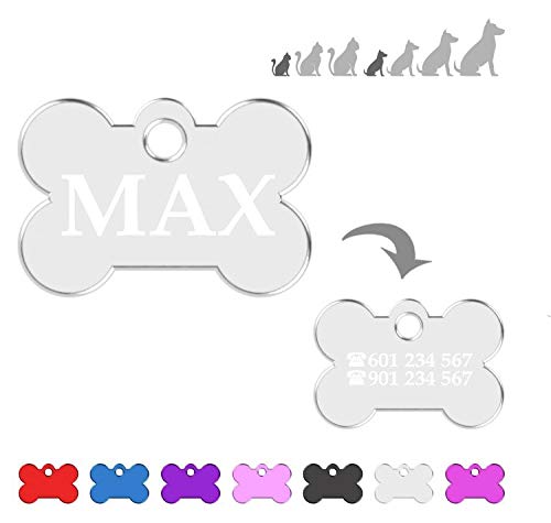 Hueso para Mascotas Muy pequeñas Placa Chapa Medalla de identificación Personalizada para Collar Perro Gato Mascota grabada (Plateado)