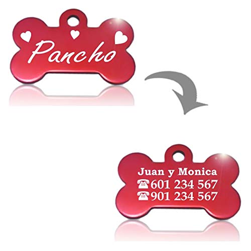 Iberiagifts - Hueso para Mascotas Medianas-Grandes con Corazones Placa Chapa de identificación Personalizada para Collar Perro Gato Mascota grabada (Plateado)