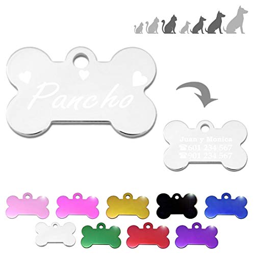 Iberiagifts - Hueso para Mascotas Medianas-Grandes con Corazones Placa Chapa de identificación Personalizada para Collar Perro Gato Mascota grabada (Plateado)