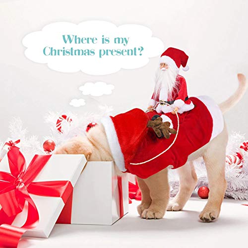 Idepet Trajes para Perros Navidad, Disfraz de Gato Navidad con Papá Noel Montado en Mascota Gato Perro Abrigo Rojo (S)