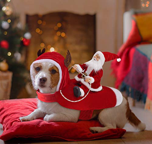 Idepet Trajes para Perros Navidad, Disfraz de Gato Navidad con Papá Noel Montado en Mascota Gato Perro Abrigo Rojo (S)