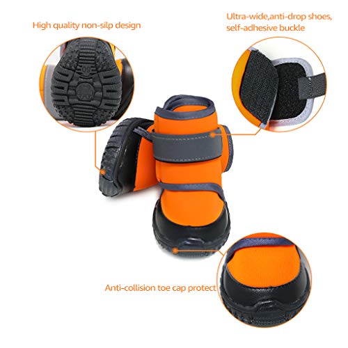 JiAmy Zapatos para Perros Botas para Perros para Patas Medianas y Grandes con Suela Antideslizante, Velcro Reflectante (Naranja 4 Piezas) (M)