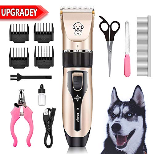 JICYU Cortapelos Perros Gatos Profesional,Set de Maquina Cortar Pelo Perros Mascota de Silencioso Inalámbrico Recargable,Bajo Ruido Menos de 55db,5 Velocidades Ajustable con 11 Accesorios