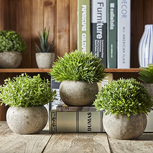 Jobary Set de 3 Plantas Artificiales con Césped Verde en Macetas Grises, Plantas Pequeñas Sintéticas de Plástico Decorativas, Ideales para la Decoración de la Casa, Cocinas, Oficinas y Exteriores