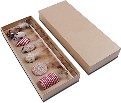 LLYU Caja de Regalo de Juguete para Gatos, Juego de Varita interactiva, 7 Piezas de Juguete de Plumas reemplazables