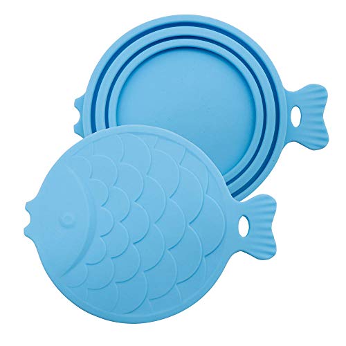 MMWW Silicona Perro Gato Tazón Tapa Estiramiento Universal Mascota Lata Tapas Tazón Tapa Alimentos Frescas Microondas Cubiertas Suministros para Mascotas Forma de Pescado-Azul_tamaño Libre