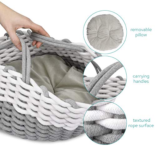 Navaris Cama para Gatos Grandes - Cesta Redonda de algodón Trenzado para Mascotas con Asas y cojín Desmontable - Cesta para Perros y Gatos