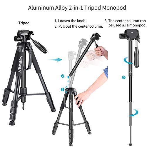 Neewer Portátil 177cm de Aleación de Aluminio Trípode para Cámara Monopié con Cabezal Giratorio de 3 Vías, Bolsa para Cámara DSLR, Videocámara de vídeo DV, Carga hasta 8,8 libras/4 kg Negro (SAB264)