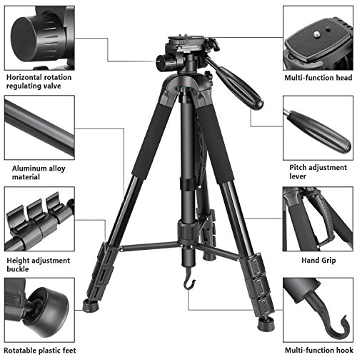 Neewer Portátil 177cm de Aleación de Aluminio Trípode para Cámara Monopié con Cabezal Giratorio de 3 Vías, Bolsa para Cámara DSLR, Videocámara de vídeo DV, Carga hasta 8,8 libras/4 kg Negro (SAB264)