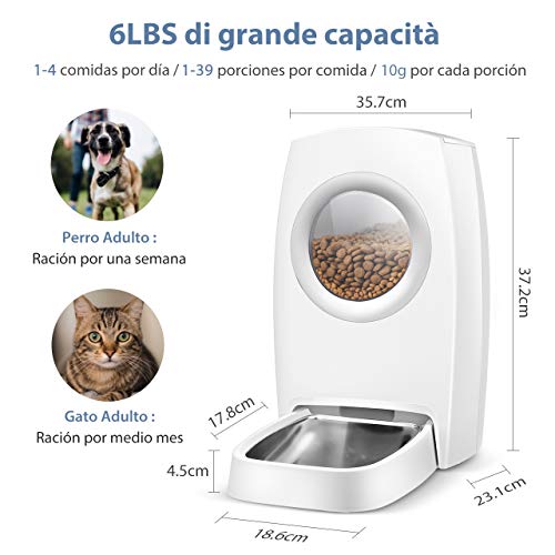 OMORC Comedero Automático Perros y Gatos, Dispensador Inteligente para Mascotas,4 Comidas,10s Grabación de Voz, Doble Frescura, Cero Atascado, Fácil de Limpiar,Inculyendo Taza y Babero（6L）