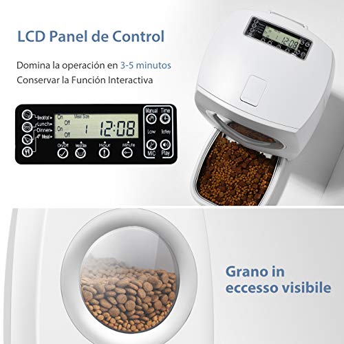 OMORC Comedero Automático Perros y Gatos, Dispensador Inteligente para Mascotas,4 Comidas,10s Grabación de Voz, Doble Frescura, Cero Atascado, Fácil de Limpiar,Inculyendo Taza y Babero（6L）