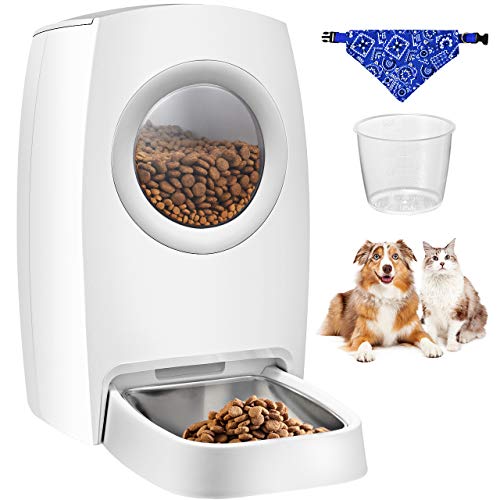 OMORC Comedero Automático Perros y Gatos, Dispensador Inteligente para Mascotas,4 Comidas,10s Grabación de Voz, Doble Frescura, Cero Atascado, Fácil de Limpiar,Inculyendo Taza y Babero（6L）