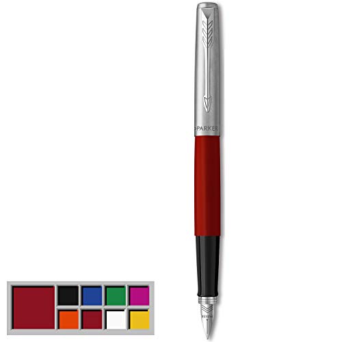 Parker Jotter Originals Pluma Estilográfica, Acabado Rojo Clásico, Plumín Mediano, Tinta Negra Y Azul