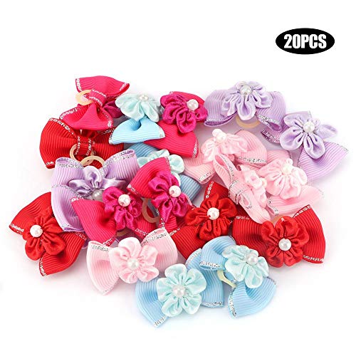 Pasamer 20pcs Shinning Pet Puppy Hair Bows Hair Rope Cat Dog Teddy Maltese Hair Band Headwear Accesorios de Aseo Rojo Azul Rosa Púrpura