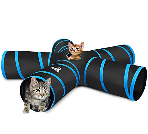 Pawaboo Cat Tunnel, Premium 5 Way Tunnels Extensible Collapsible Cat Play Tunnel Toy Maze Interactive Tube Toy Cat House with Pompon and Bells for Cat Puppy Kitten Rabbit, Black & Light Blue